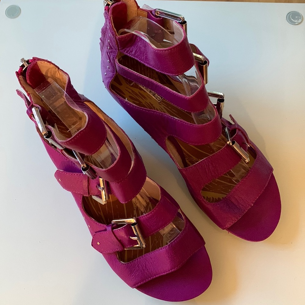COPY - Strappy wedge bootie sandal. Leather, like new. Size 7.5. Berry/fuchsia.